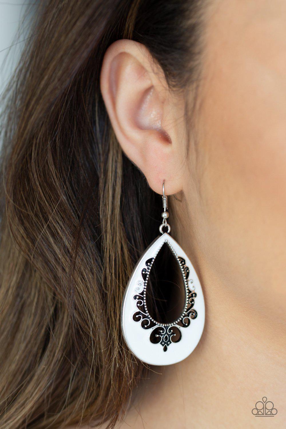 Compliments To The CHIC White Earrings - Paparazzi Accessories - model -CarasShop.com - $5 Jewelry by Cara Jewels