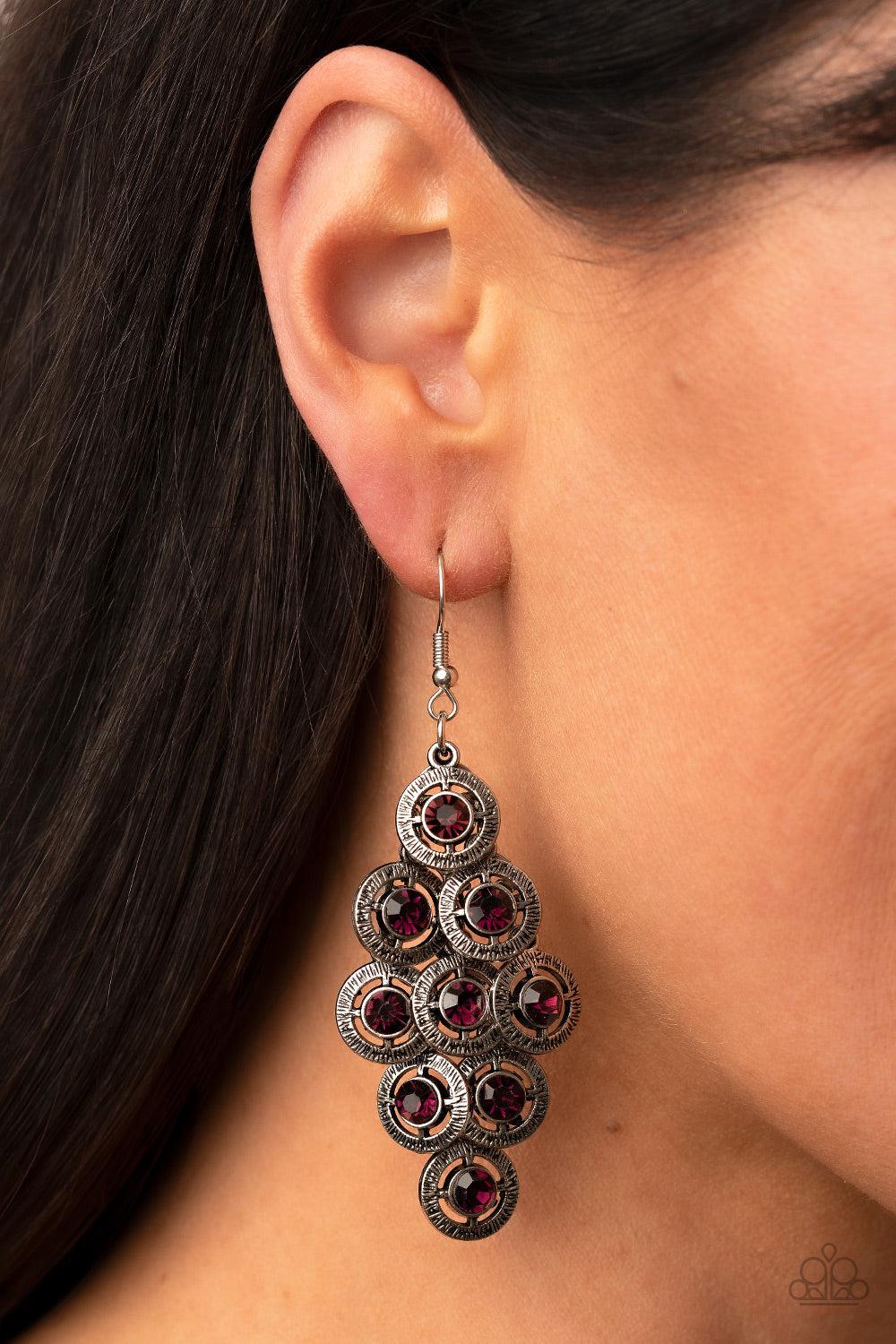 Constellation Cruise Purple Cascading Rhinestone Earrings - Paparazzi Accessories-on model - CarasShop.com - $5 Jewelry by Cara Jewels