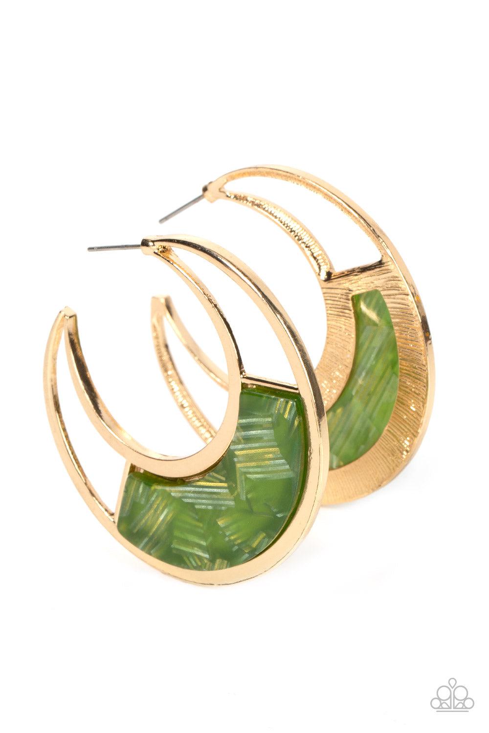 Contemporary Curves Green &amp; Gold Hoop Earrings - Paparazzi Accessories- lightbox - CarasShop.com - $5 Jewelry by Cara Jewels