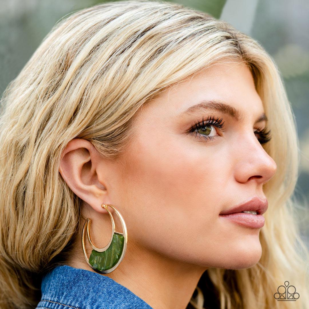Contemporary Curves Green &amp; Gold Hoop Earrings - Paparazzi Accessories-on model - CarasShop.com - $5 Jewelry by Cara Jewels