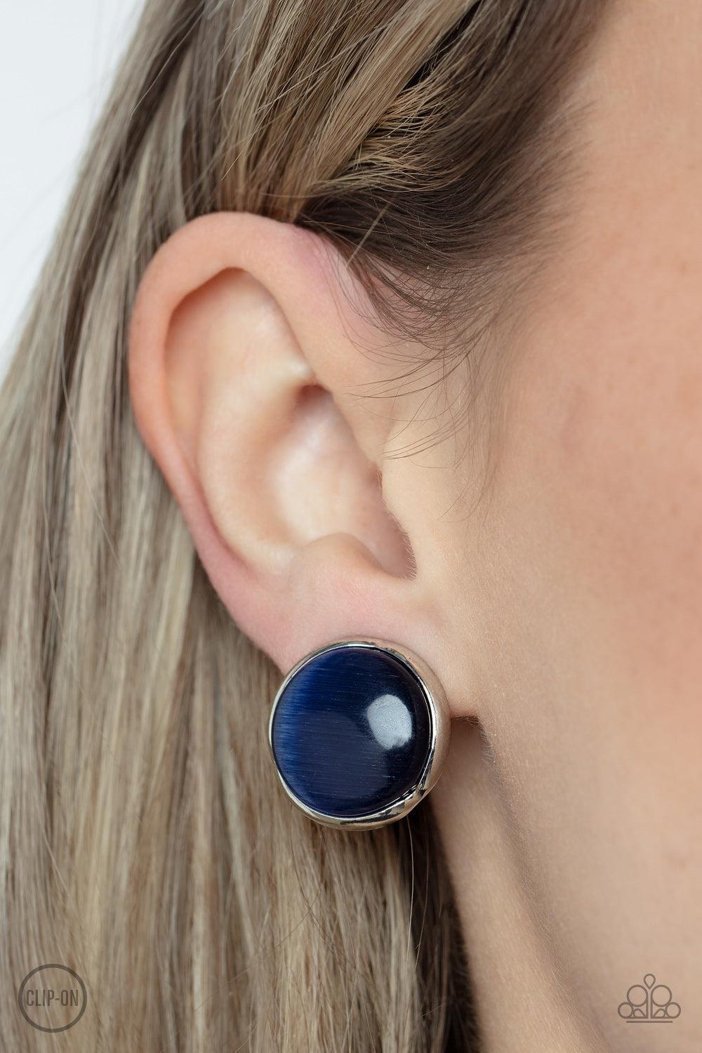 Cool Pools Blue Cat&#39;s Eye Stone Clip-On Earrings - Paparazzi Accessories-on model - CarasShop.com - $5 Jewelry by Cara Jewels