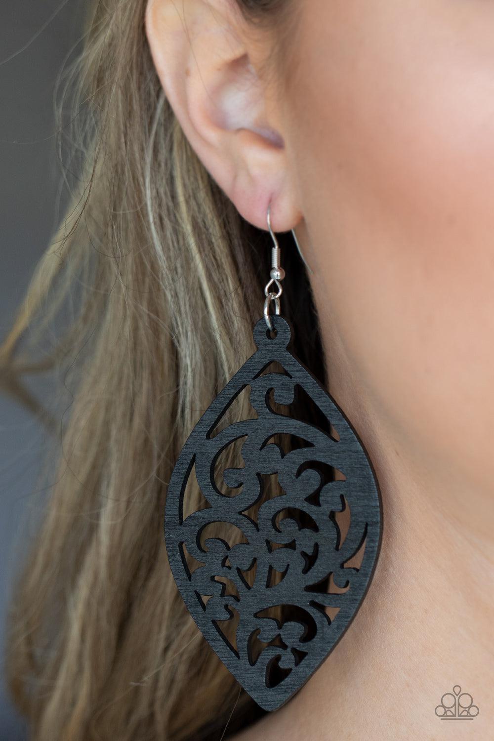 Coral Garden Black Wood Earrings - Paparazzi Accessories-on model - CarasShop.com - $5 Jewelry by Cara Jewels
