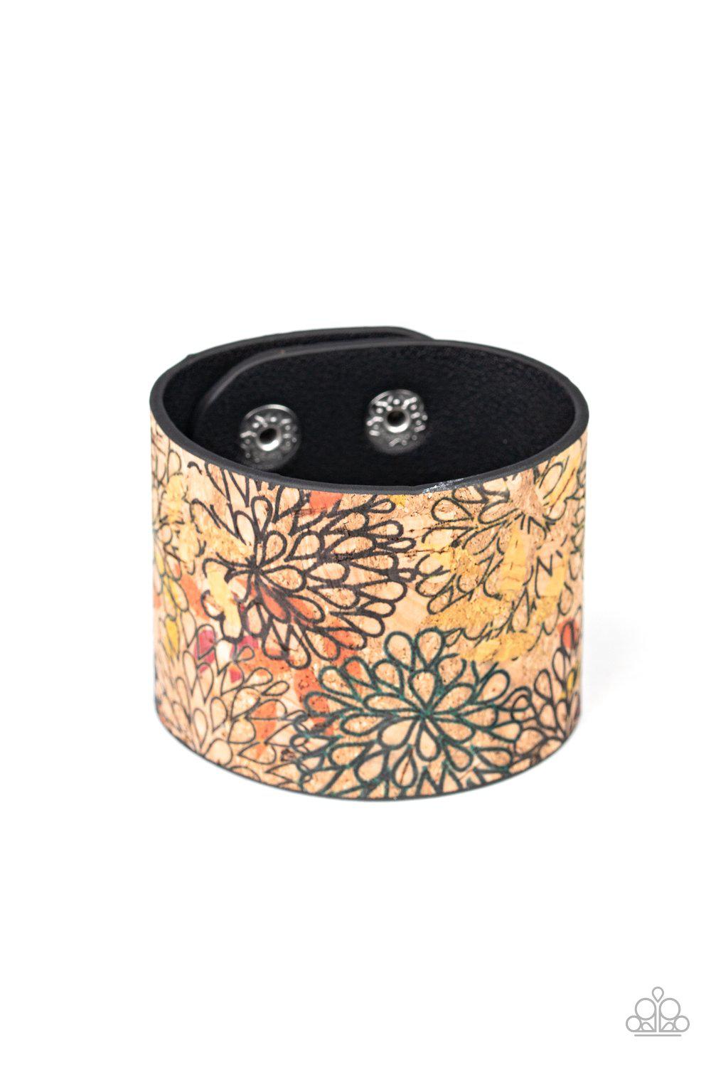 Cork Culture Multi Flower Urban Wrap Snap Bracelet - Paparazzi Accessories-CarasShop.com - $5 Jewelry by Cara Jewels