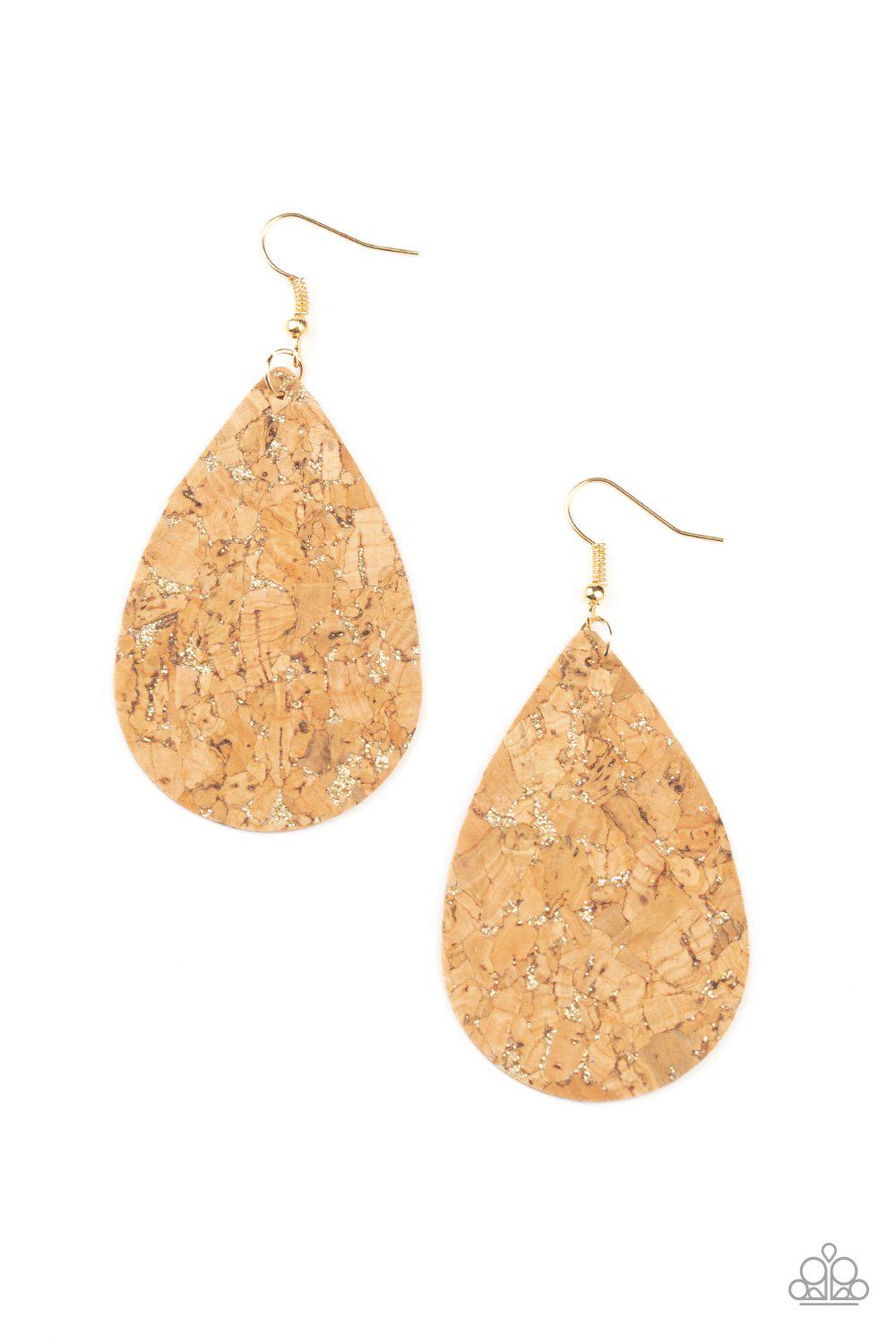 CORK It Over Gold and Cork Teardrop Earrings - Paparazzi Accessories-CarasShop.com - $5 Jewelry by Cara Jewels