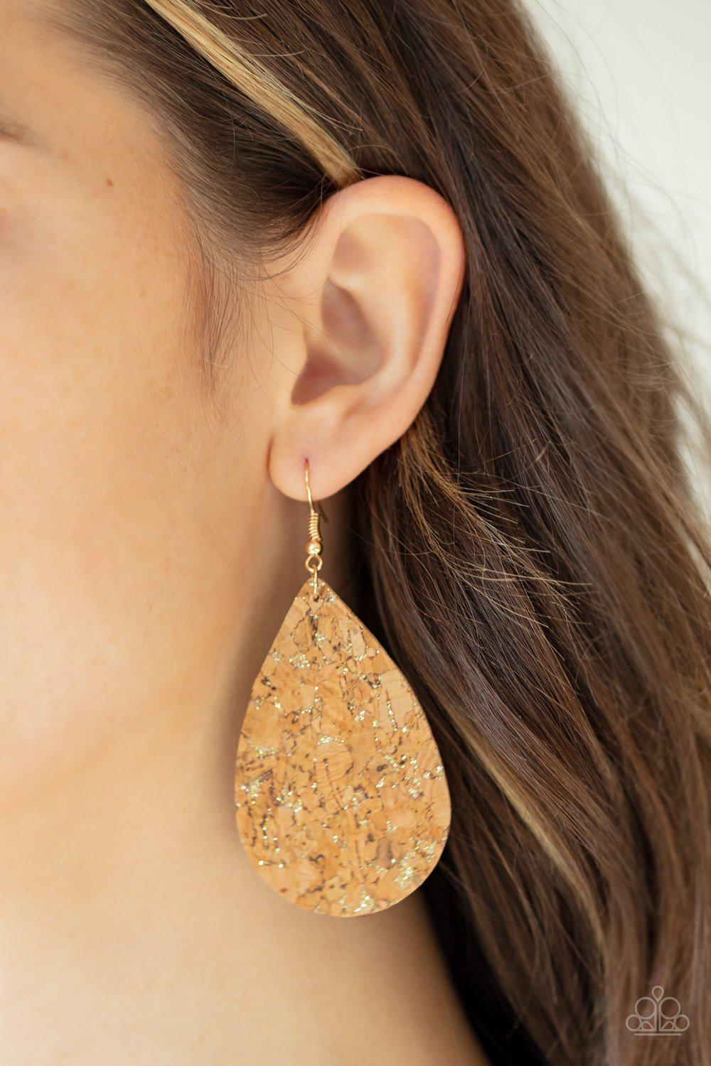 CORK It Over Gold and Cork Teardrop Earrings - Paparazzi Accessories-CarasShop.com - $5 Jewelry by Cara Jewels