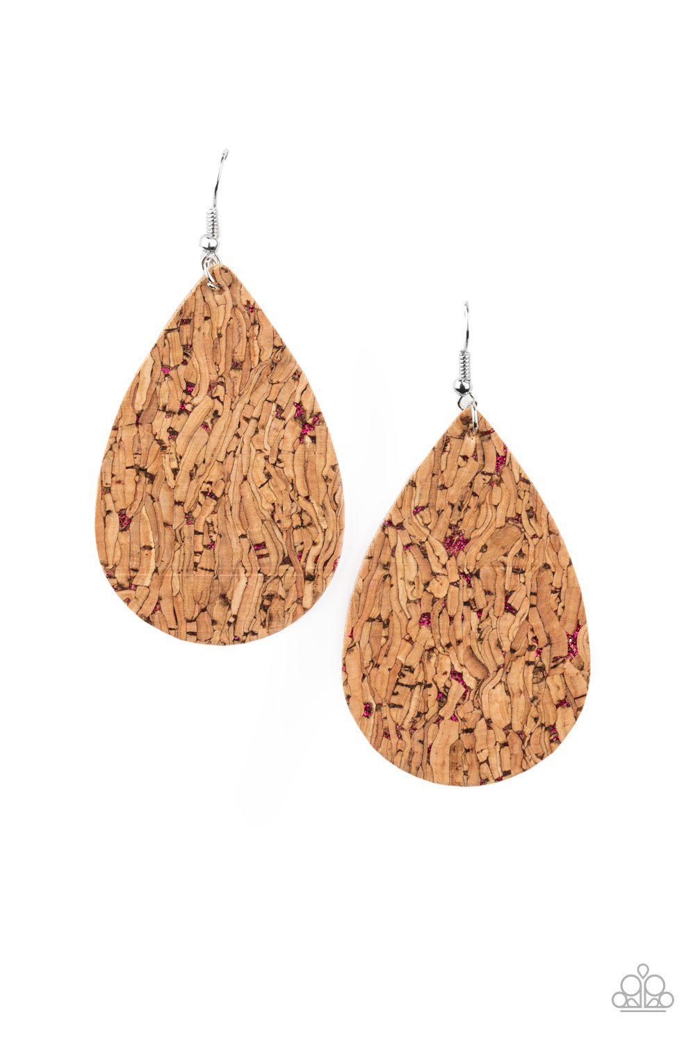 CORK It Over Pink and Cork Teardrop Earrings - Paparazzi Accessories-CarasShop.com - $5 Jewelry by Cara Jewels