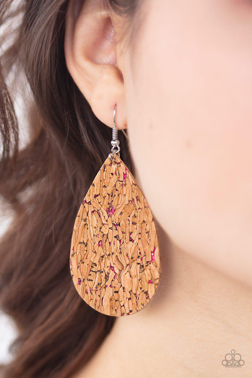 CORK It Over Pink and Cork Teardrop Earrings - Paparazzi Accessories-CarasShop.com - $5 Jewelry by Cara Jewels
