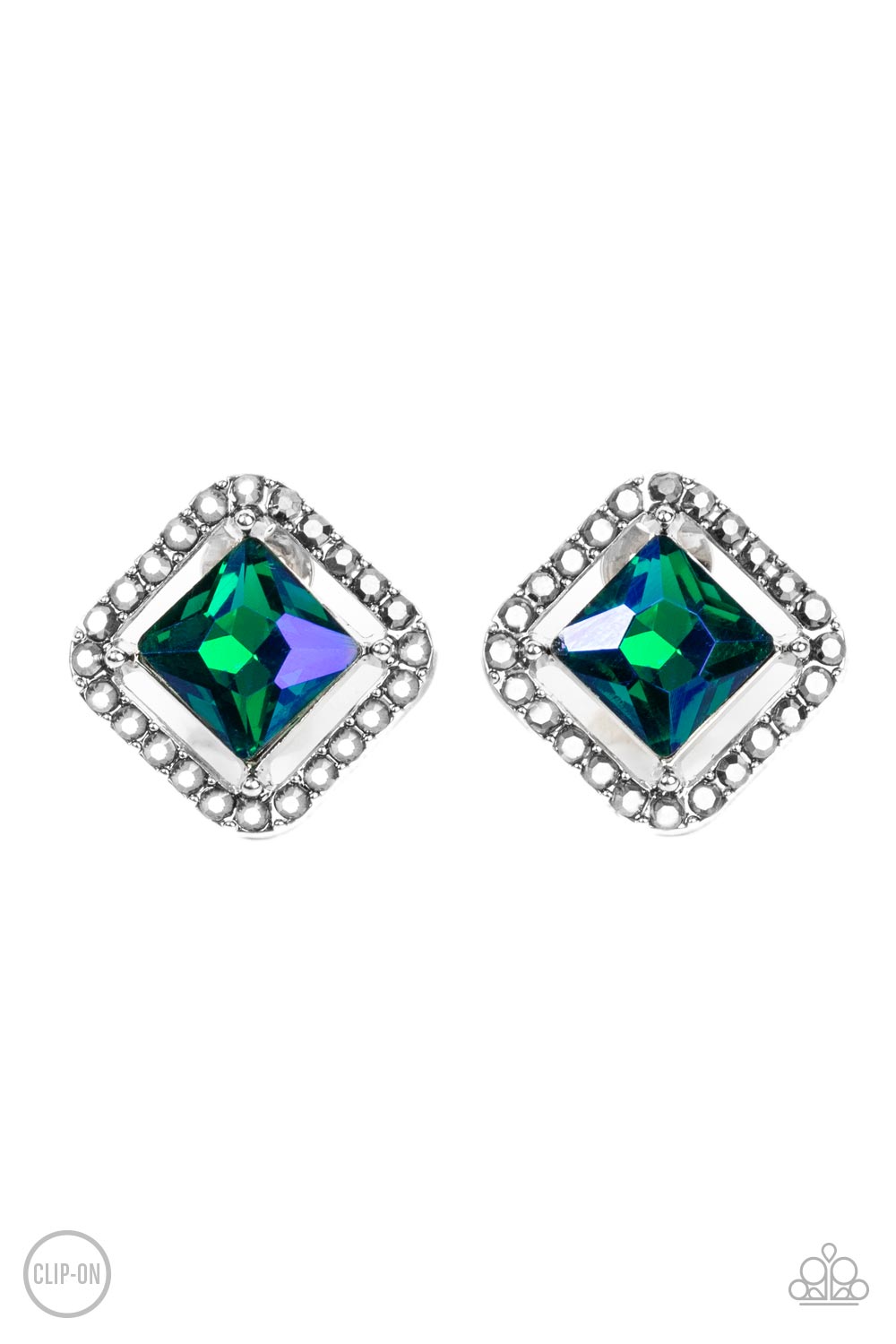 Cosmic Catwalk Green Clip-On Earrings - Paparazzi Accessories- lightbox - CarasShop.com - $5 Jewelry by Cara Jewels
