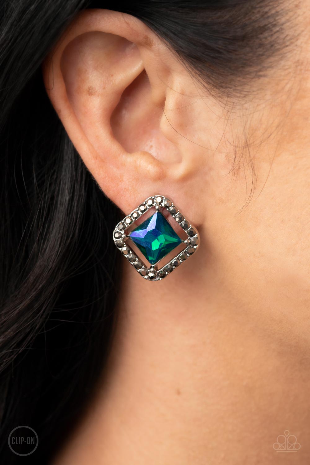 Cosmic Catwalk Green Clip-On Earrings - Paparazzi Accessories-on model - CarasShop.com - $5 Jewelry by Cara Jewels