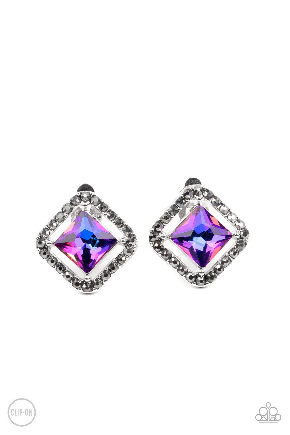 Cosmic Catwalk Purple Iridescent Rhinestone Clip-on Earrings - Paparazzi Accessories- lightbox - CarasShop.com - $5 Jewelry by Cara Jewels