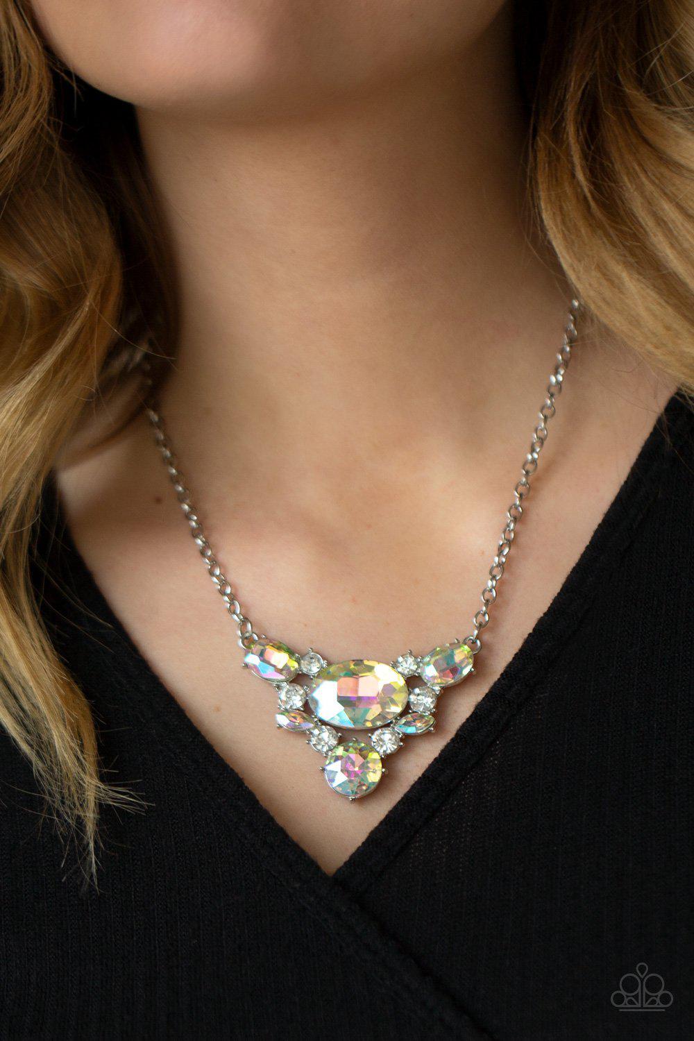 Cosmic Coronation Multi Iridescent Rhinestone Necklace - Paparazzi Accessories- model - CarasShop.com - $5 Jewelry by Cara Jewels
