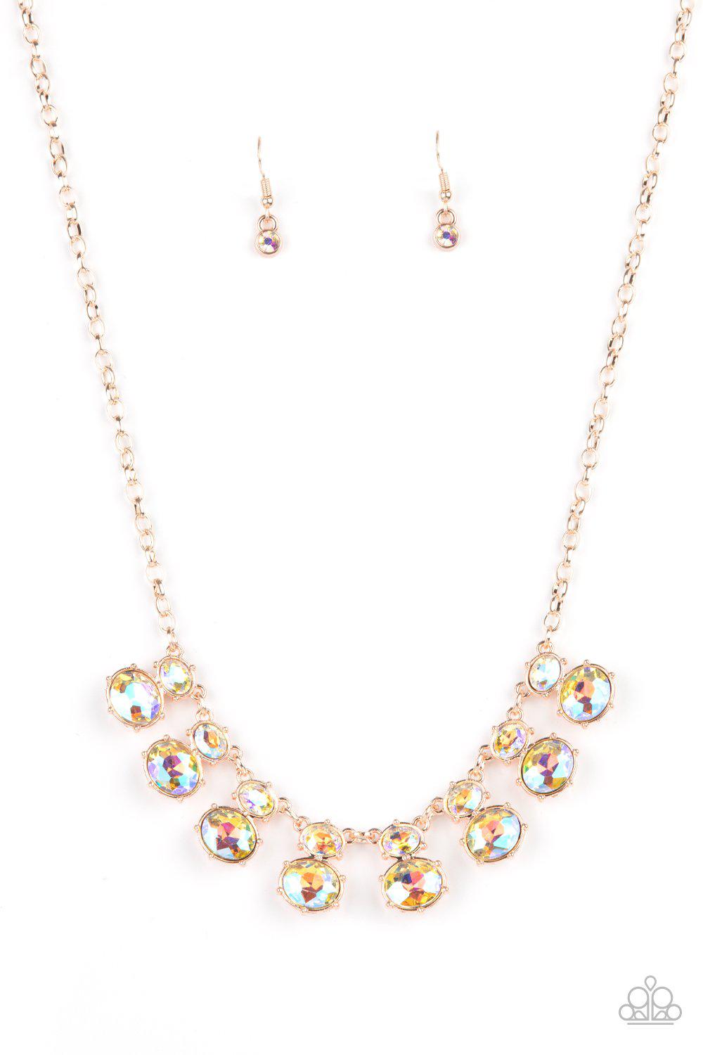 Cosmic Countess Gold and Iridescent Rhinestone Necklace - Paparazzi Accessories LOTP Exclusive July 2021- lightbox - CarasShop.com - $5 Jewelry by Cara Jewels