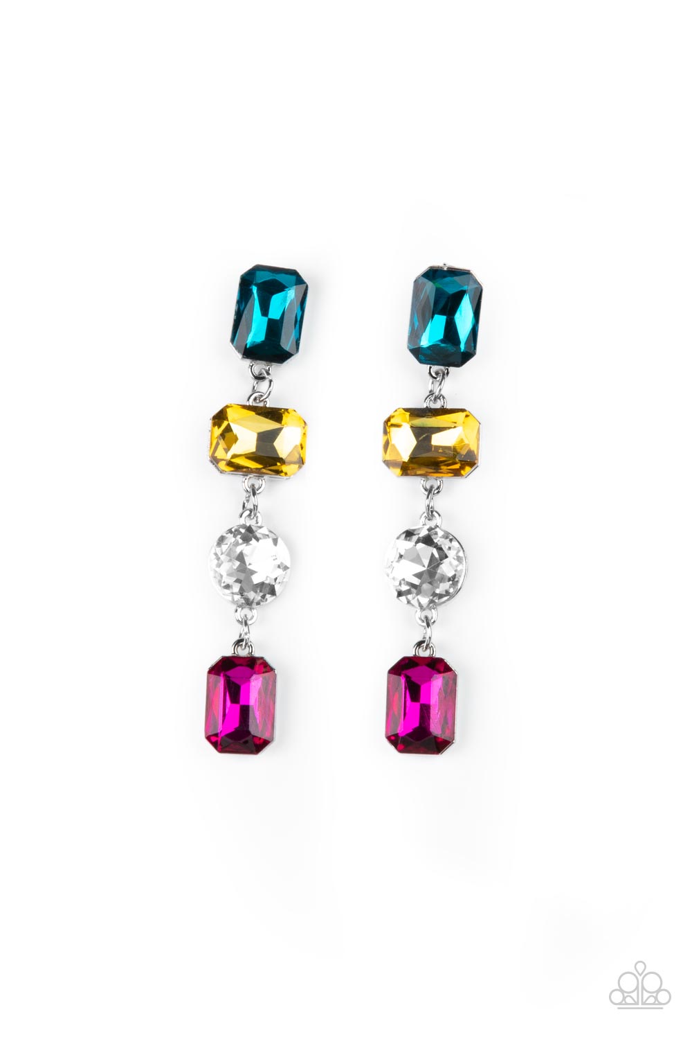 Cosmic Heiress Multi Blue Yellow and Pink Rhinestone Earrings - Paparazzi Accessories- lightbox - CarasShop.com - $5 Jewelry by Cara Jewels