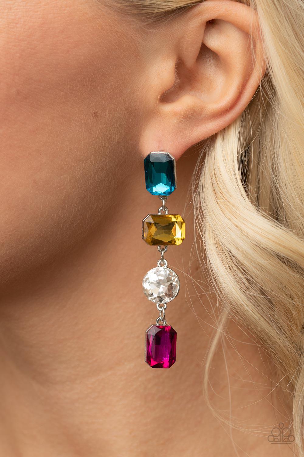 Cosmic Heiress Multi Blue Yellow and Pink Rhinestone Earrings - Paparazzi Accessories- model - CarasShop.com - $5 Jewelry by Cara Jewels