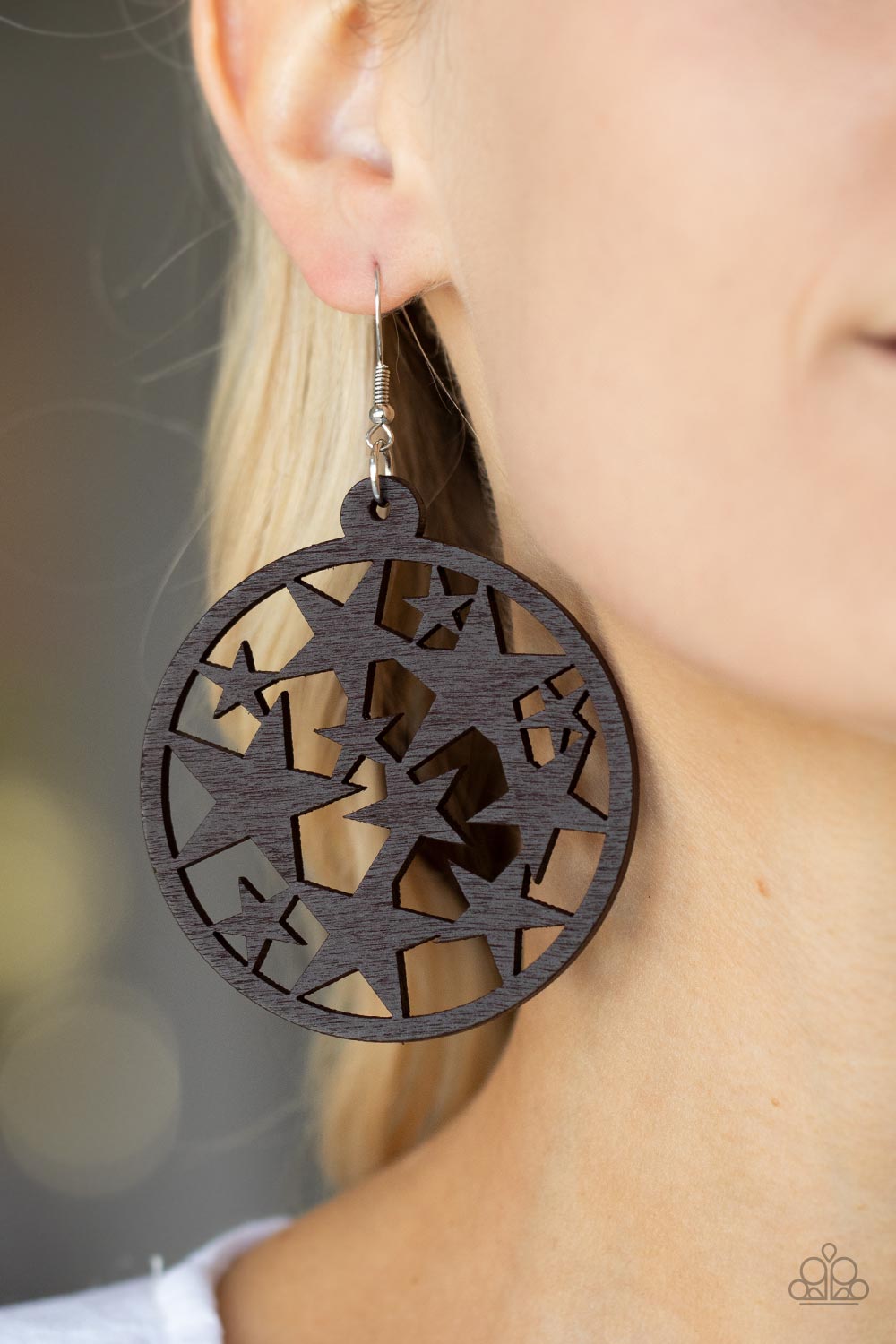 Cosmic Paradise Brown Wood Earrings - Paparazzi Accessories-on model - CarasShop.com - $5 Jewelry by Cara Jewels