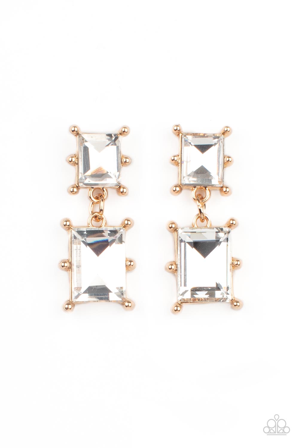 Cosmic Queen Gold &amp; White Rhinestone Earrings - Paparazzi Accessories- lightbox - CarasShop.com - $5 Jewelry by Cara Jewels