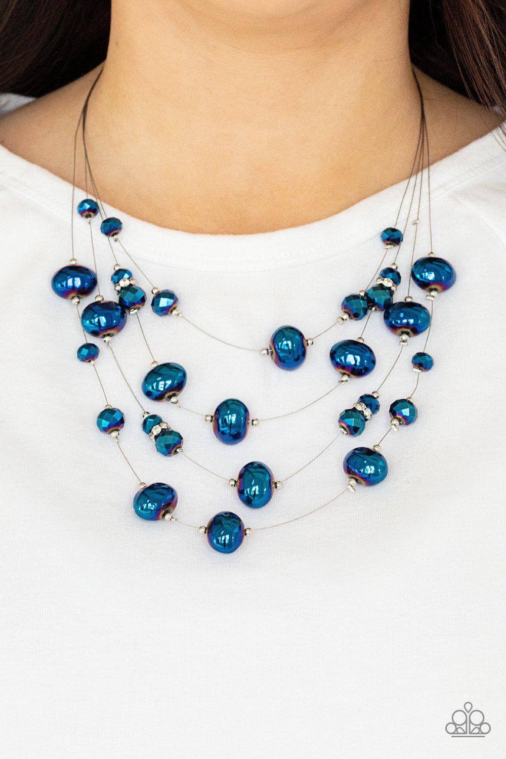 Cosmic Real Estate Metallic Blue &quot;Oil Spill&quot; Necklace - Paparazzi Accessories- model - CarasShop.com - $5 Jewelry by Cara Jewels