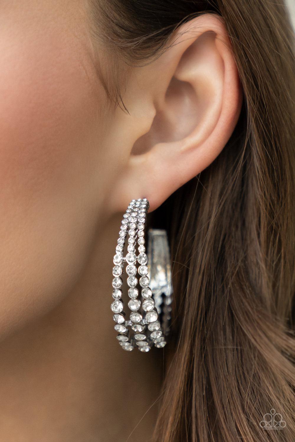 Cosmopolitan Cool White Rhinestone Hoop Earrings - Paparazzi Accessories- on model - CarasShop.com - $5 Jewelry by Cara Jewels