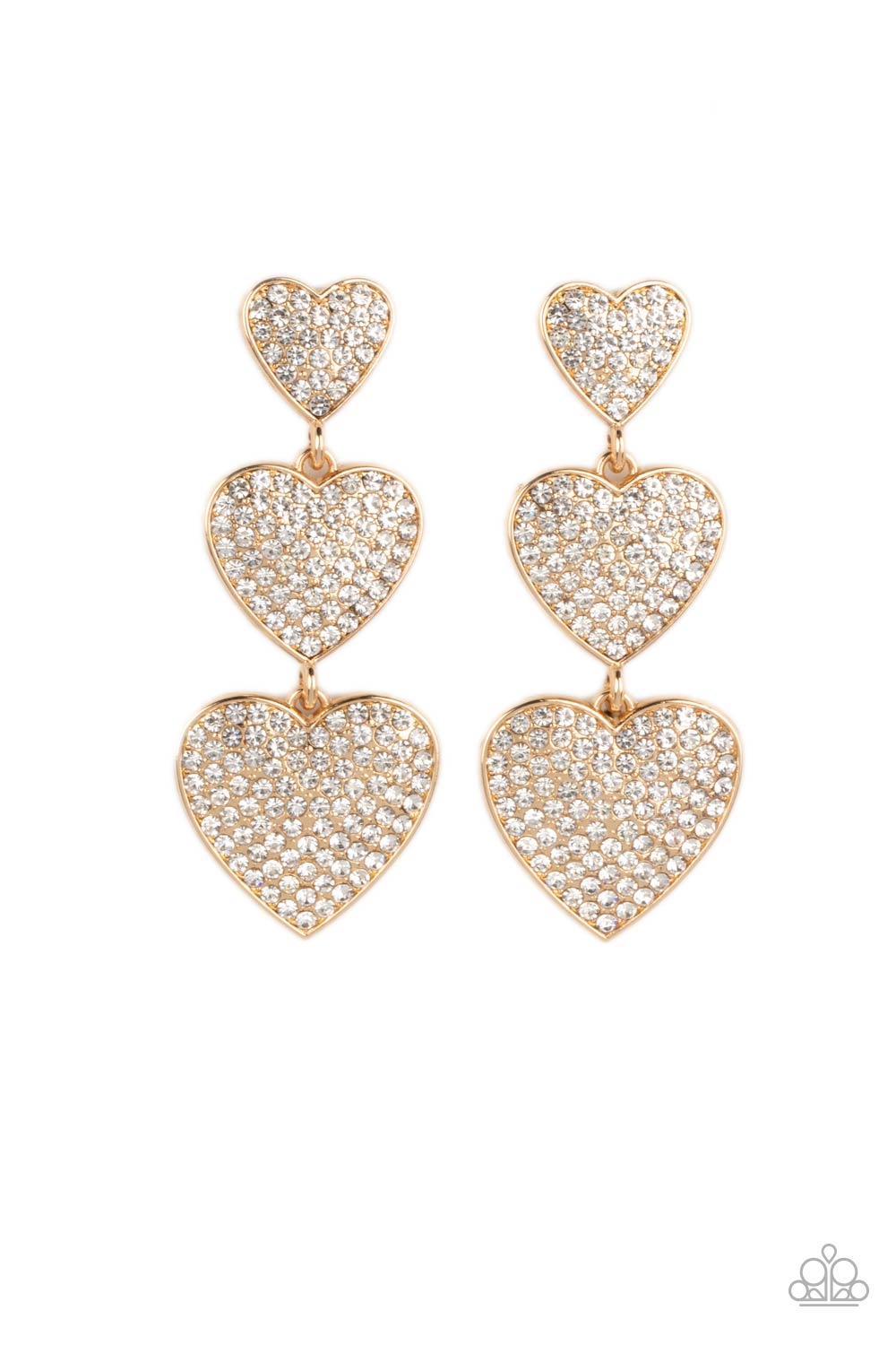 Couples Retreat Gold &amp; White Rhinestone Heart Earrings - Paparazzi Accessories- lightbox - CarasShop.com - $5 Jewelry by Cara Jewels