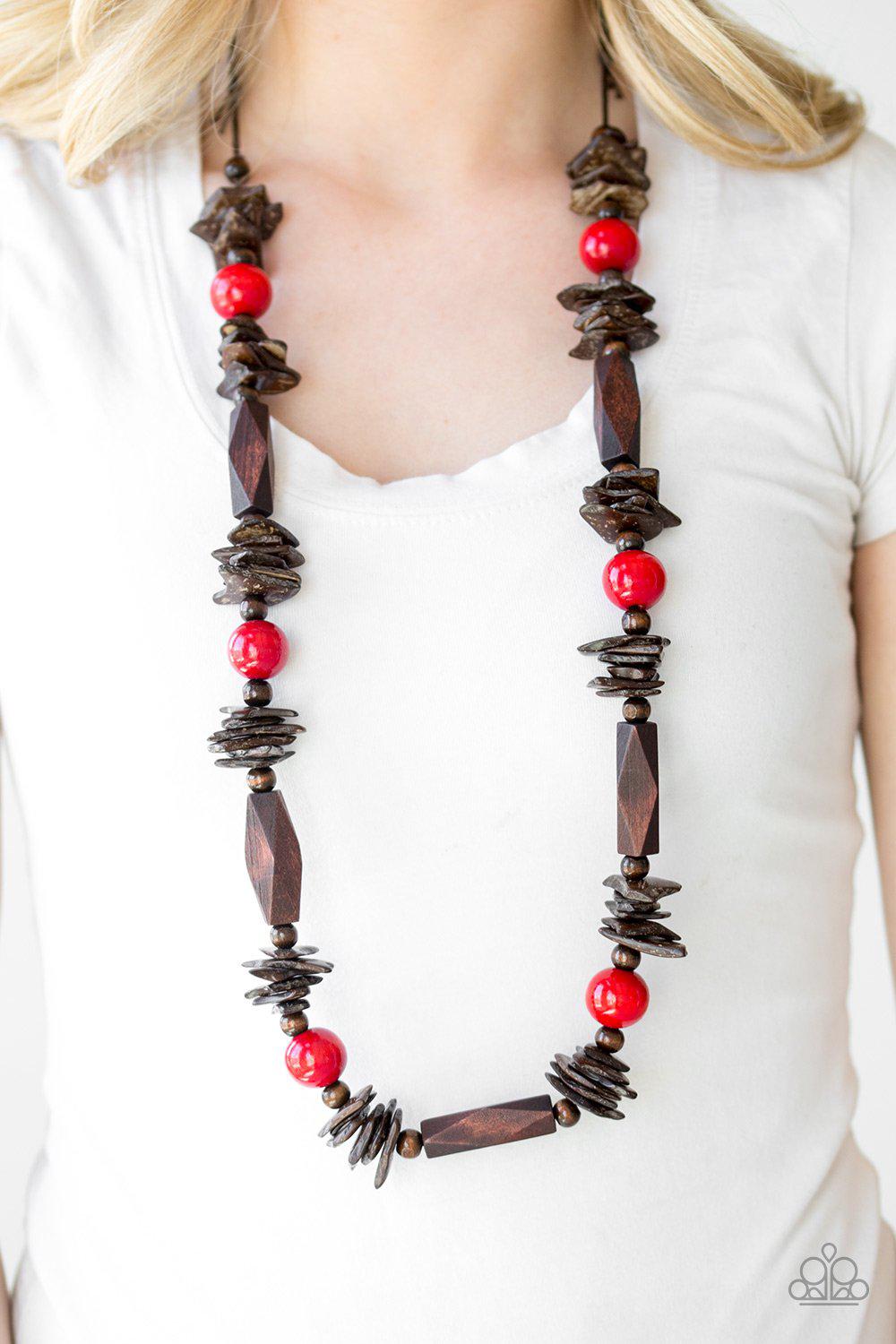 Cozumel Coast Red and Brown Wood Necklace - Paparazzi Accessories- model - CarasShop.com - $5 Jewelry by Cara Jewels