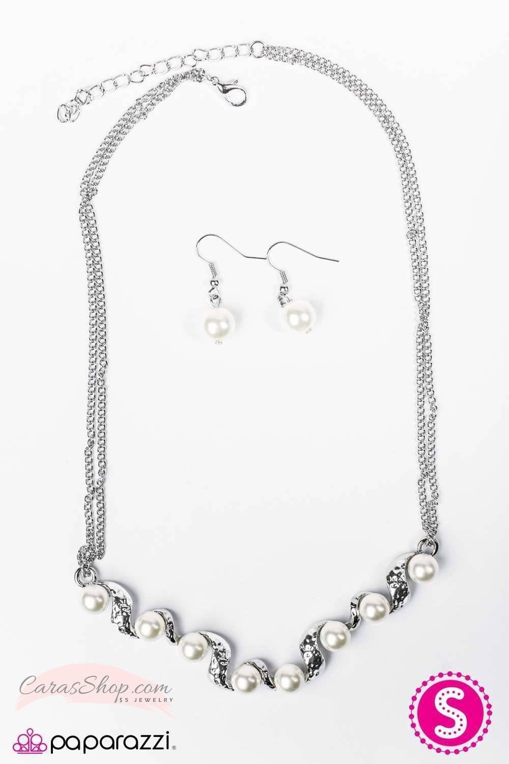 Crazy About You White Pearl Necklace and matching Earrings - Paparazzi Accessories-CarasShop.com - $5 Jewelry by Cara Jewels