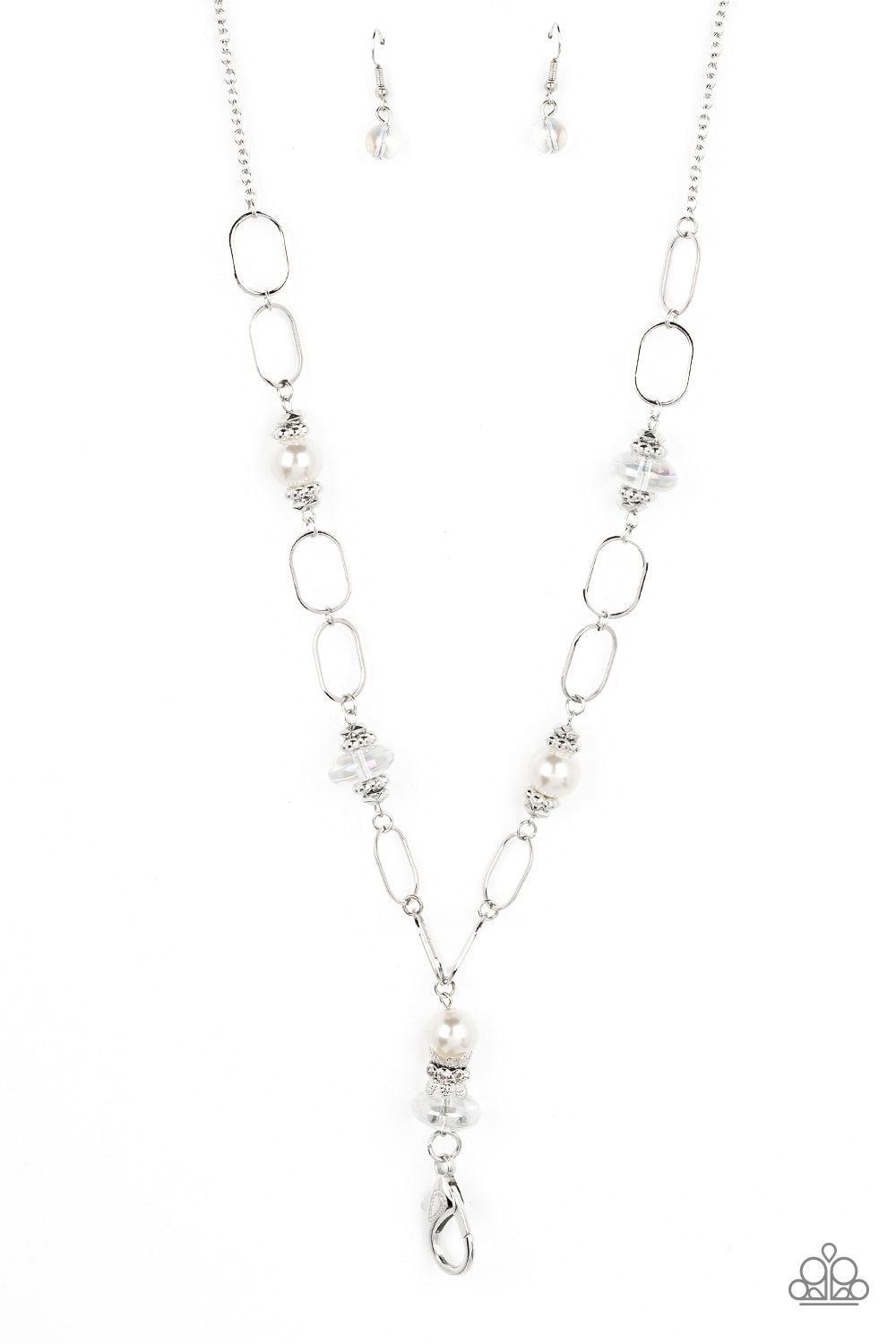 Creative Couture White Pearl & Iridescent Lanyard Necklace - Paparazzi Accessories- lightbox - CarasShop.com - $5 Jewelry by Cara Jewels