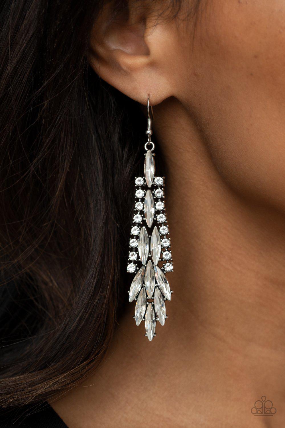 Crown Heiress White Rhinestone Earrings - Paparazzi Accessories- model - CarasShop.com - $5 Jewelry by Cara Jewels