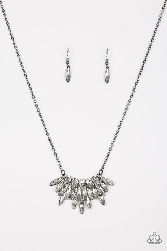 Crowning Moment Gunmetal Black and White Rhinestone Necklace - Paparazzi Accessories - lightbox -CarasShop.com - $5 Jewelry by Cara Jewels