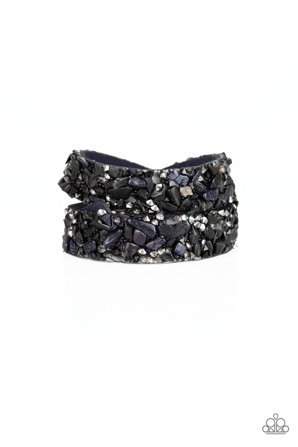 Crush Hour Blue Suede and Stone Double Wrap Snap Bracelet - Paparazzi Accessories-CarasShop.com - $5 Jewelry by Cara Jewels