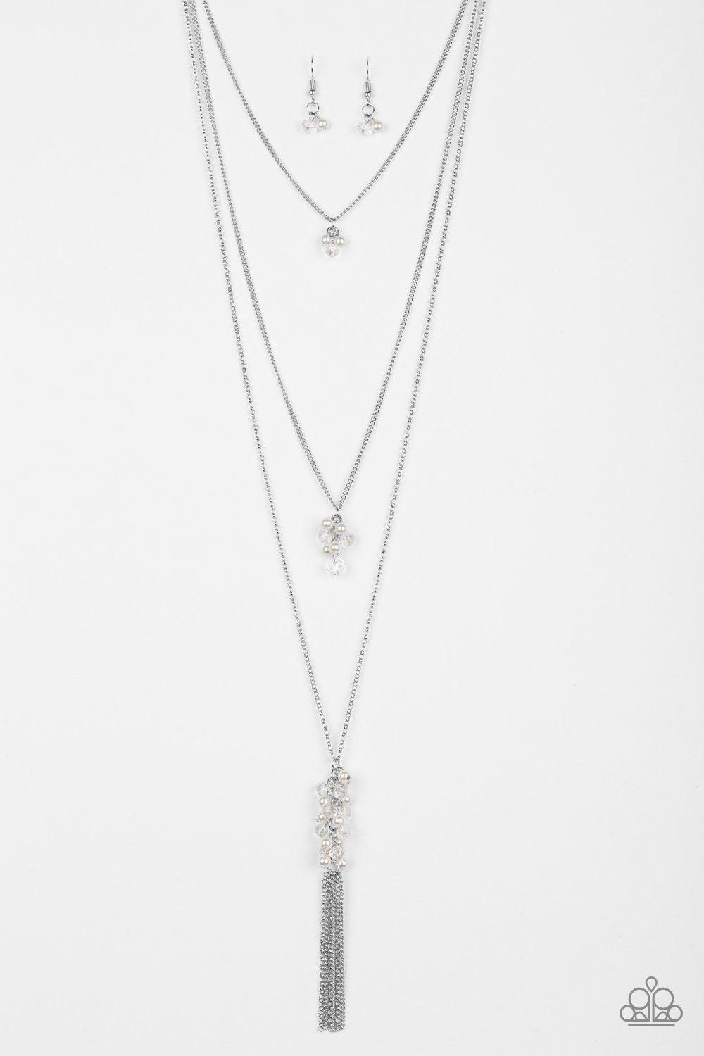 Crystal Cruiser Long Silver and White Tassel Necklace - Paparazzi Accessories-CarasShop.com - $5 Jewelry by Cara Jewels