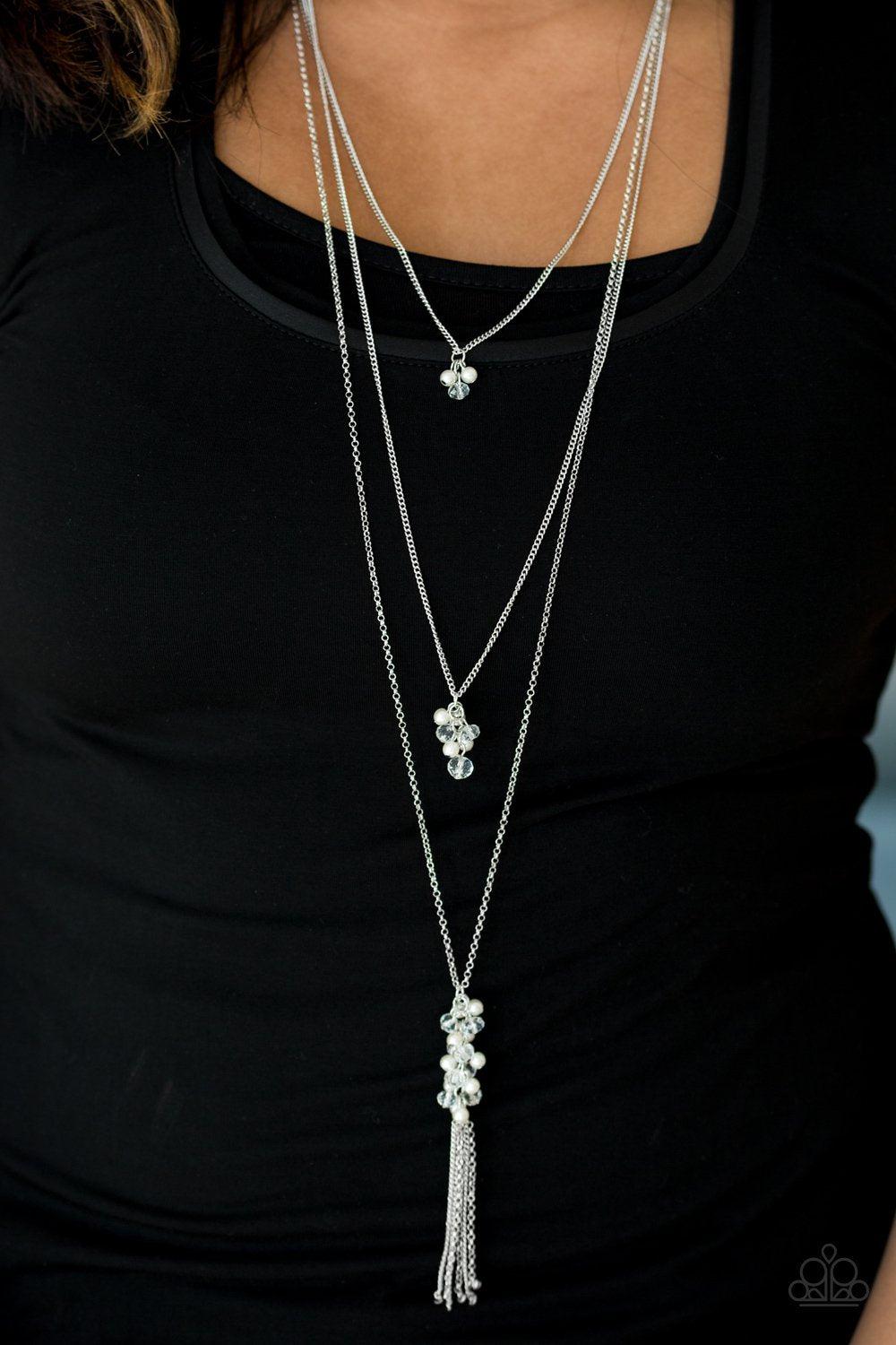 Crystal Cruiser Long Silver and White Tassel Necklace - Paparazzi Accessories-CarasShop.com - $5 Jewelry by Cara Jewels