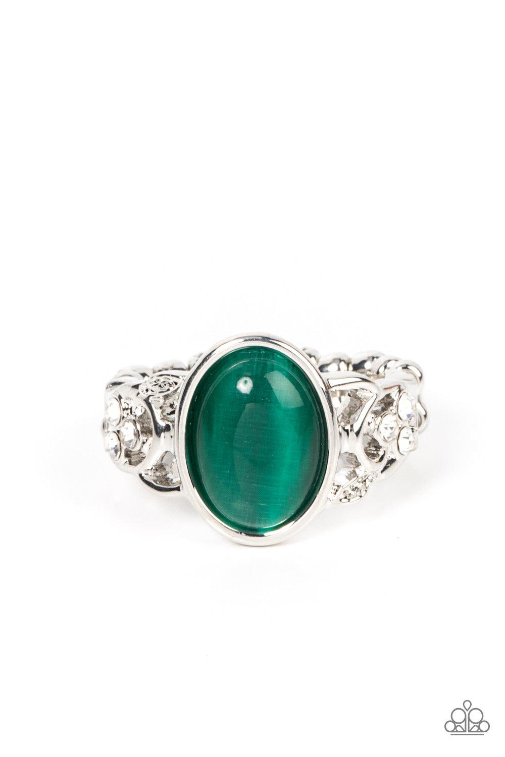 Crystals and Cats Eye Green Stone Ring - Paparazzi Accessories- lightbox - CarasShop.com - $5 Jewelry by Cara Jewels