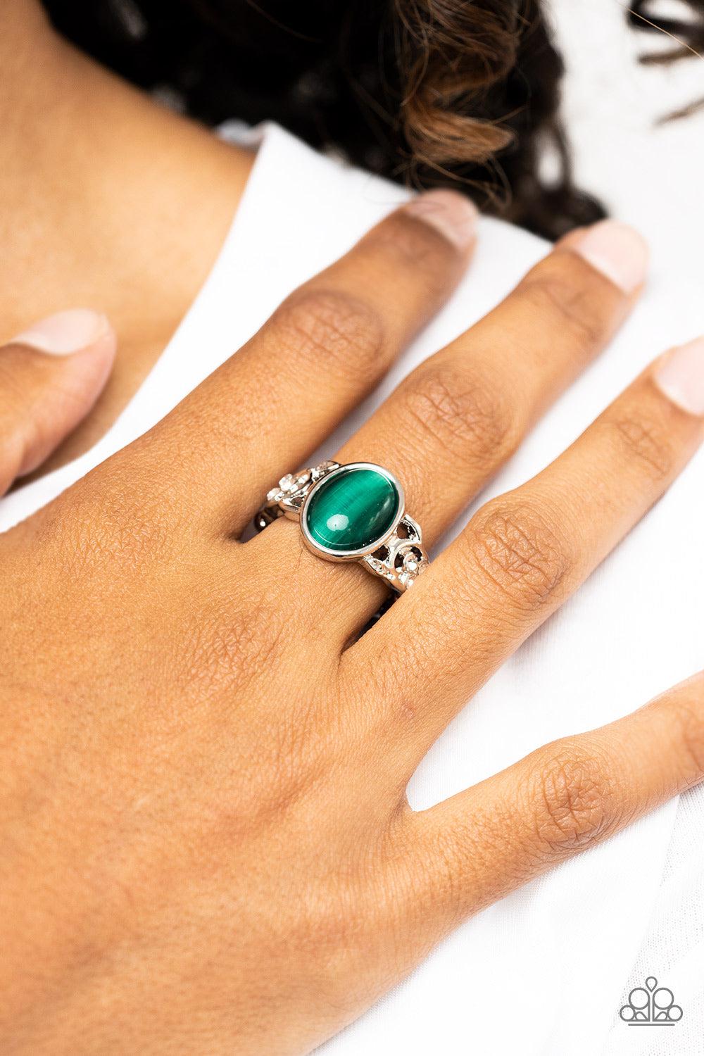 Crystals and Cats Eye Green Stone Ring - Paparazzi Accessories-on model - CarasShop.com - $5 Jewelry by Cara Jewels