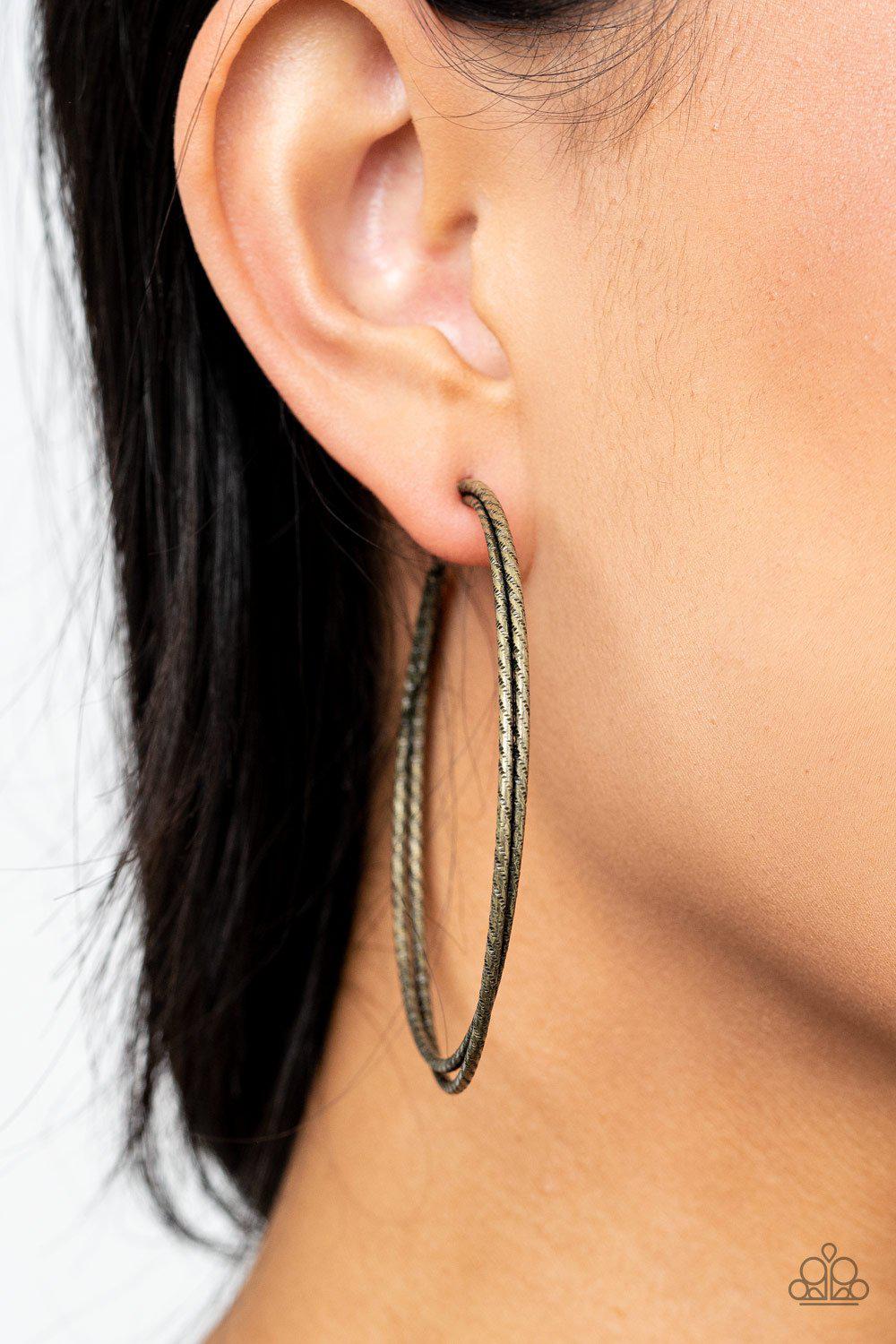 Curved Couture Brass Hoop Earrings - Paparazzi Accessories - model -CarasShop.com - $5 Jewelry by Cara Jewels