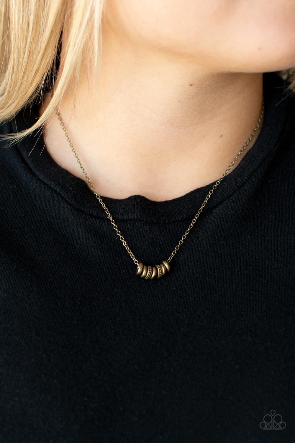 Dainty Dalliance Brass Necklace - Paparazzi Accessories- on model - CarasShop.com - $5 Jewelry by Cara Jewels