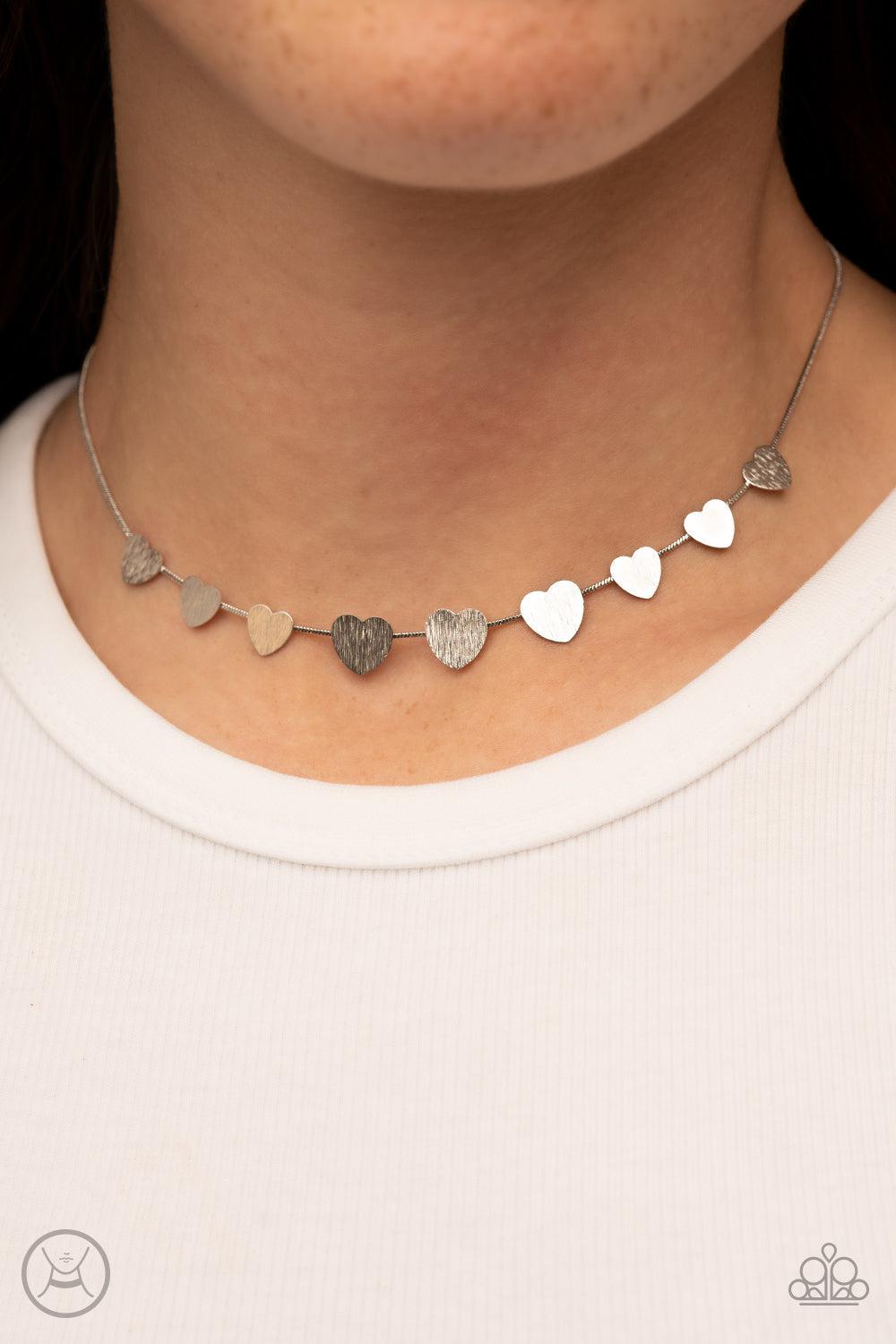 Dainty Desire Silver Heart Choker Necklace - Paparazzi Accessories- on model - CarasShop.com - $5 Jewelry by Cara Jewels