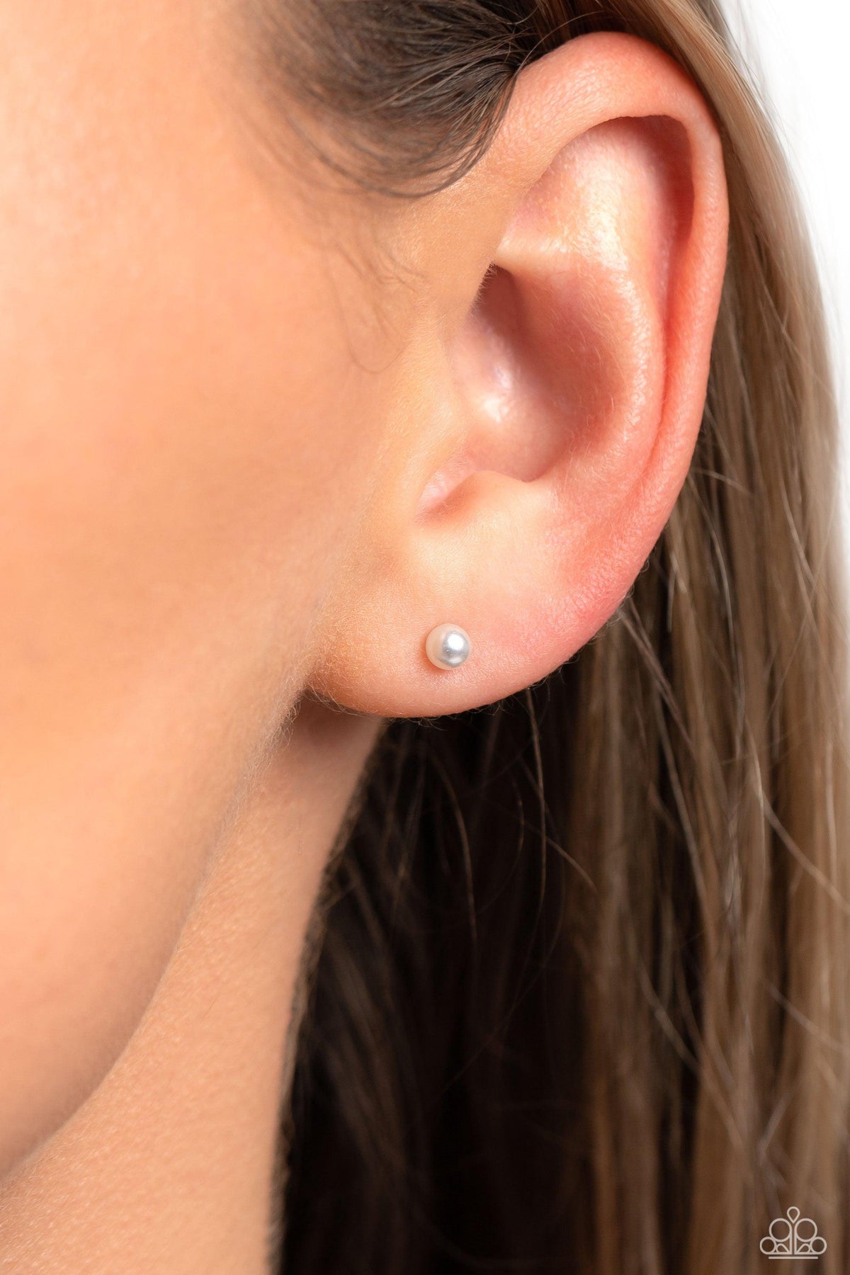 Dainty Details White Pearl Stud Earrings - Paparazzi Accessories-on model - CarasShop.com - $5 Jewelry by Cara Jewels