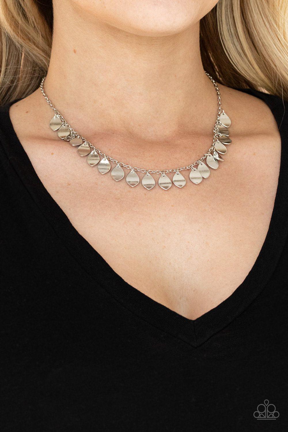 Dainty DISCovery Silver Necklace - Paparazzi Accessories- model - CarasShop.com - $5 Jewelry by Cara Jewels