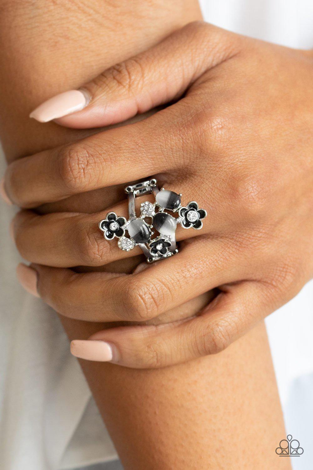Daisy Delight Black and White Moonstone Flower Ring - Paparazzi Accessories-CarasShop.com - $5 Jewelry by Cara Jewels
