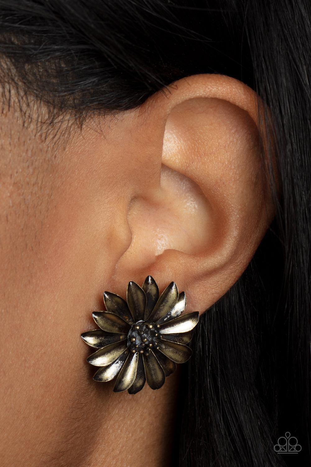 Daisy Dilemma Brass Earrings - Paparazzi Accessories- lightbox - CarasShop.com - $5 Jewelry by Cara Jewels