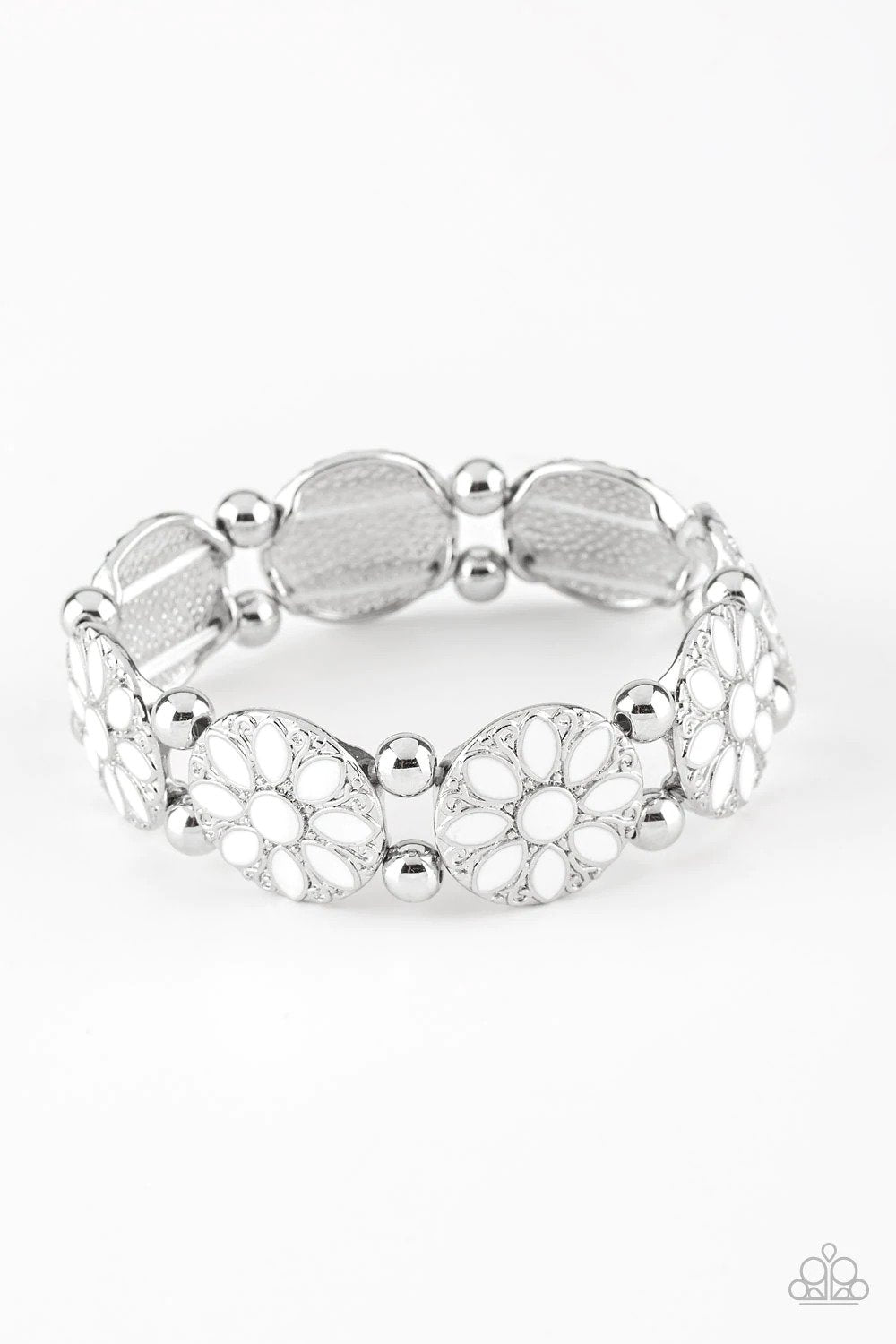 Dancing Dahlias White Flower Bracelet - Paparazzi Accessories- lightbox - CarasShop.com - $5 Jewelry by Cara Jewels