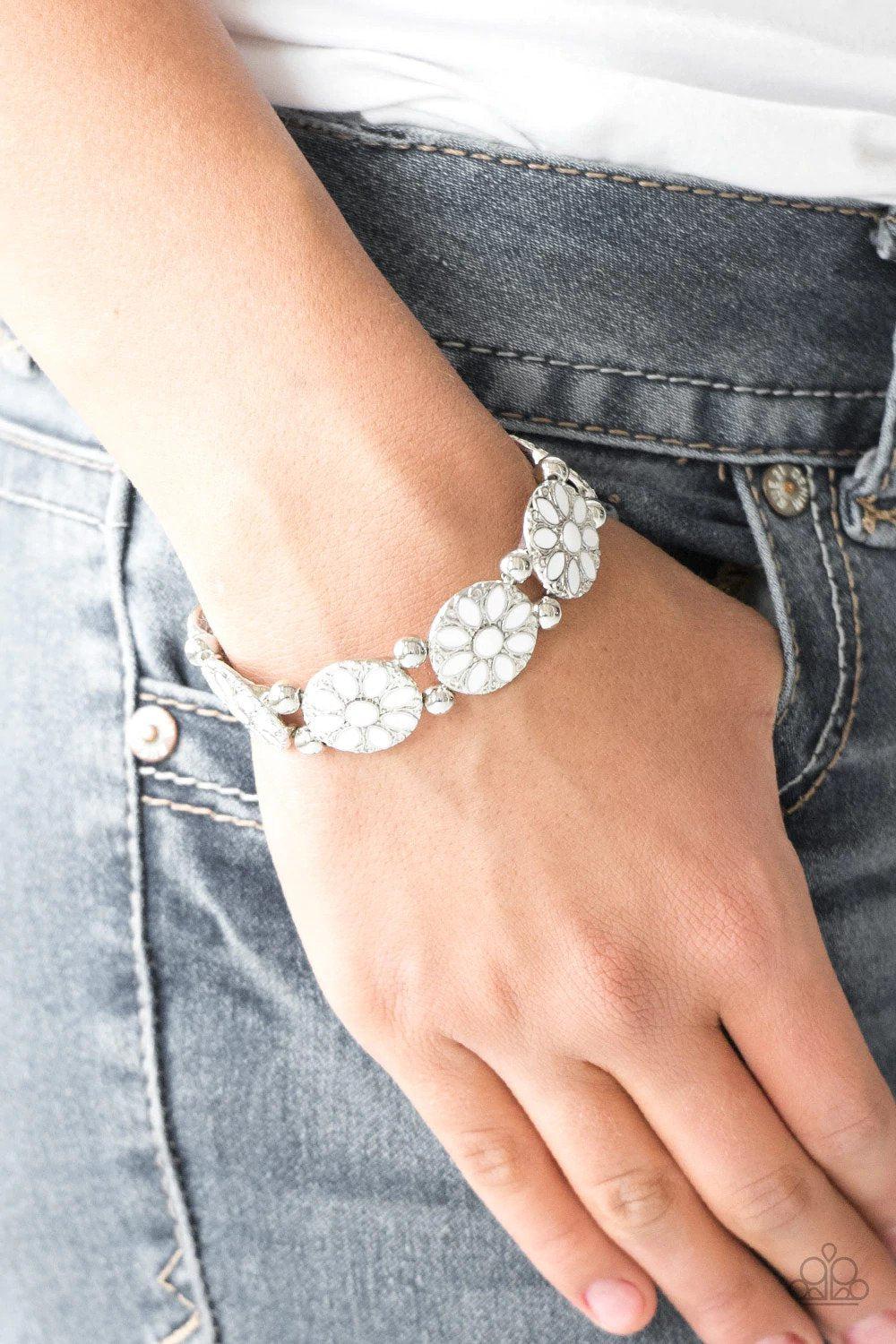 Dancing Dahlias White Flower Bracelet - Paparazzi Accessories- on model - CarasShop.com - $5 Jewelry by Cara Jewels