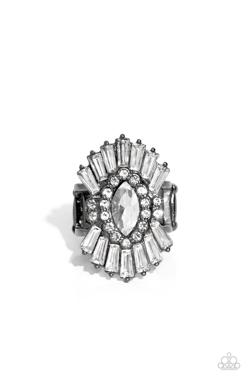 Daringly Deco Gunmetal Black &amp; White Rhinestone Ring - Paparazzi Accessories- lightbox - CarasShop.com - $5 Jewelry by Cara Jewels