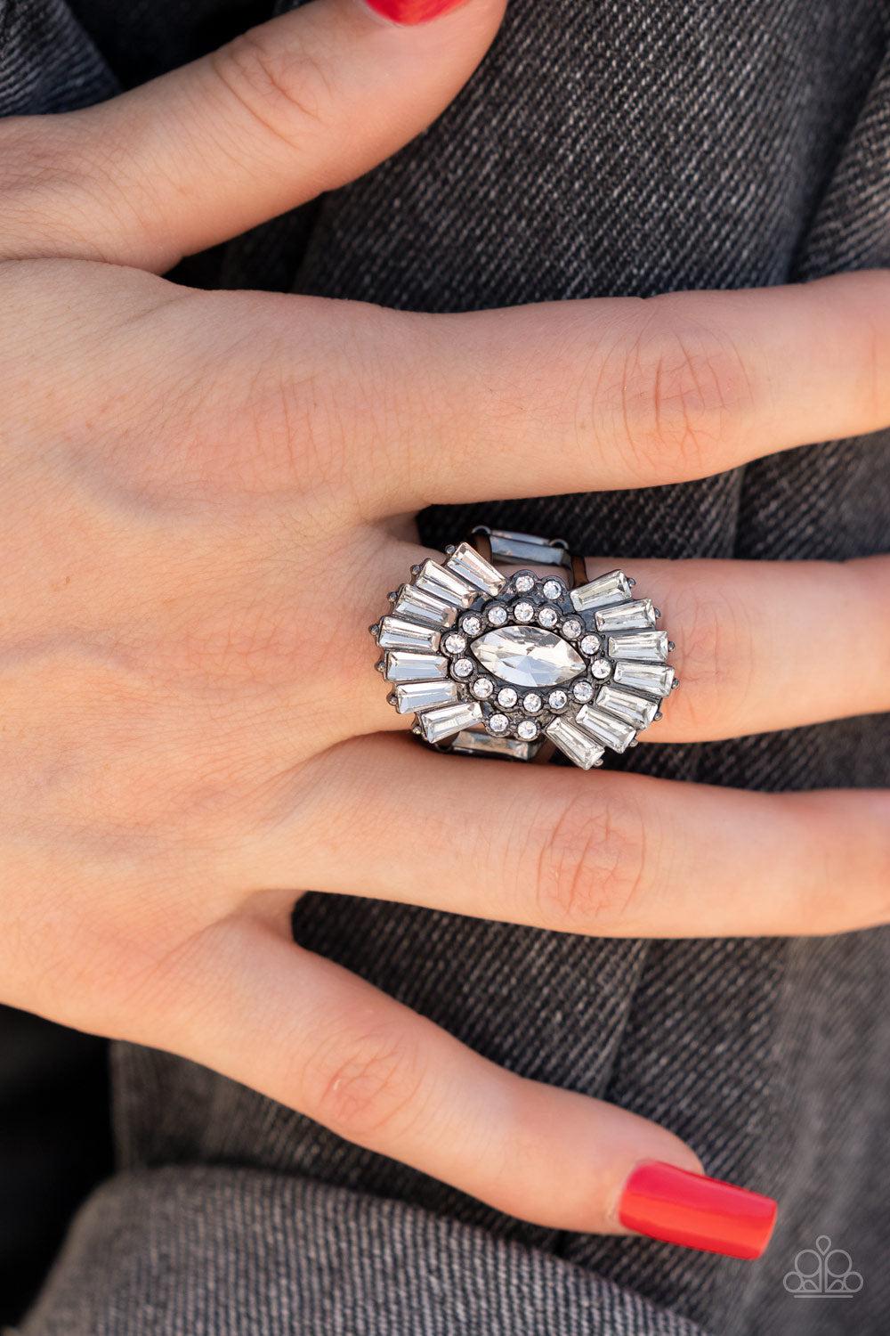 Daringly Deco Gunmetal Black &amp; White Rhinestone Ring - Paparazzi Accessories-on model - CarasShop.com - $5 Jewelry by Cara Jewels
