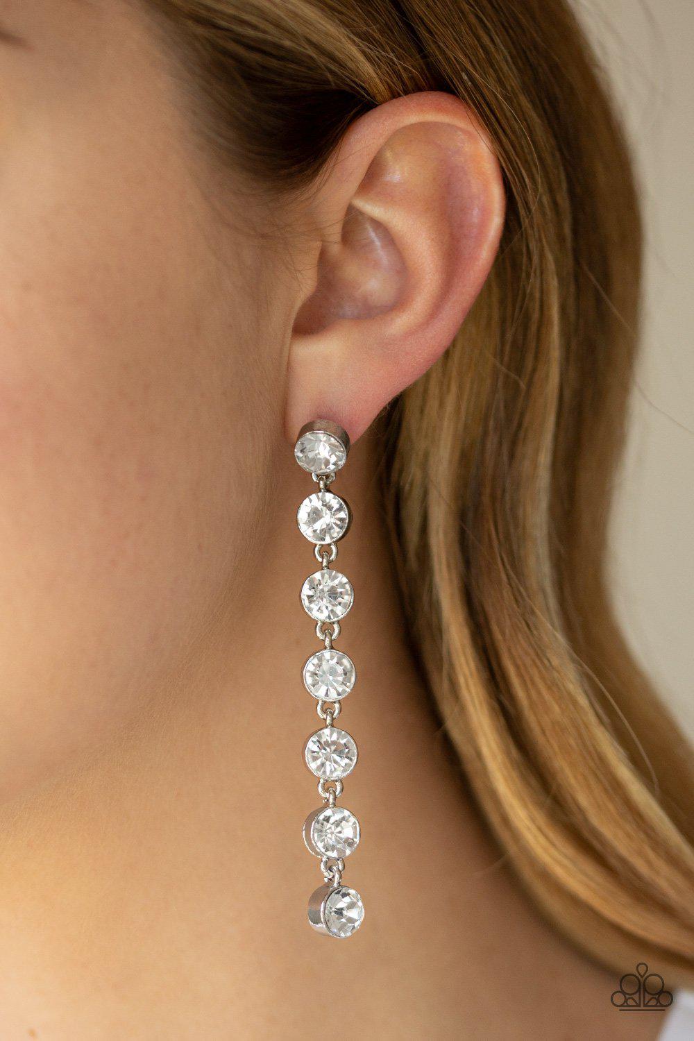 Dazzling Debonair White Rhinestone Earrings - Paparazzi Accessories-CarasShop.com - $5 Jewelry by Cara Jewels