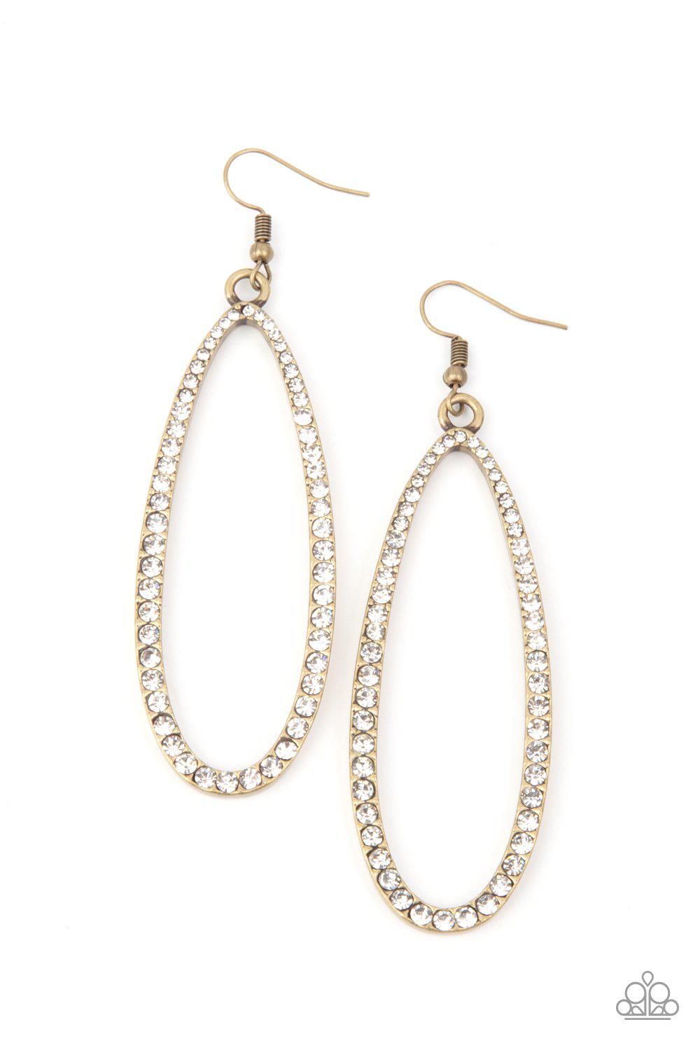 Dazzling Decorum Brass and White Rhinestone Earrings - Paparazzi Accessories- lightbox - CarasShop.com - $5 Jewelry by Cara Jewels