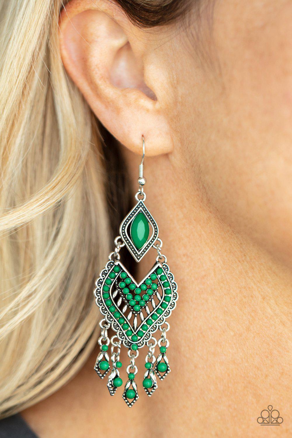 Dearly Debonair Green and Silver Earrings - Paparazzi Accessories 2021 Convention Exclusive- model - CarasShop.com - $5 Jewelry by Cara Jewels