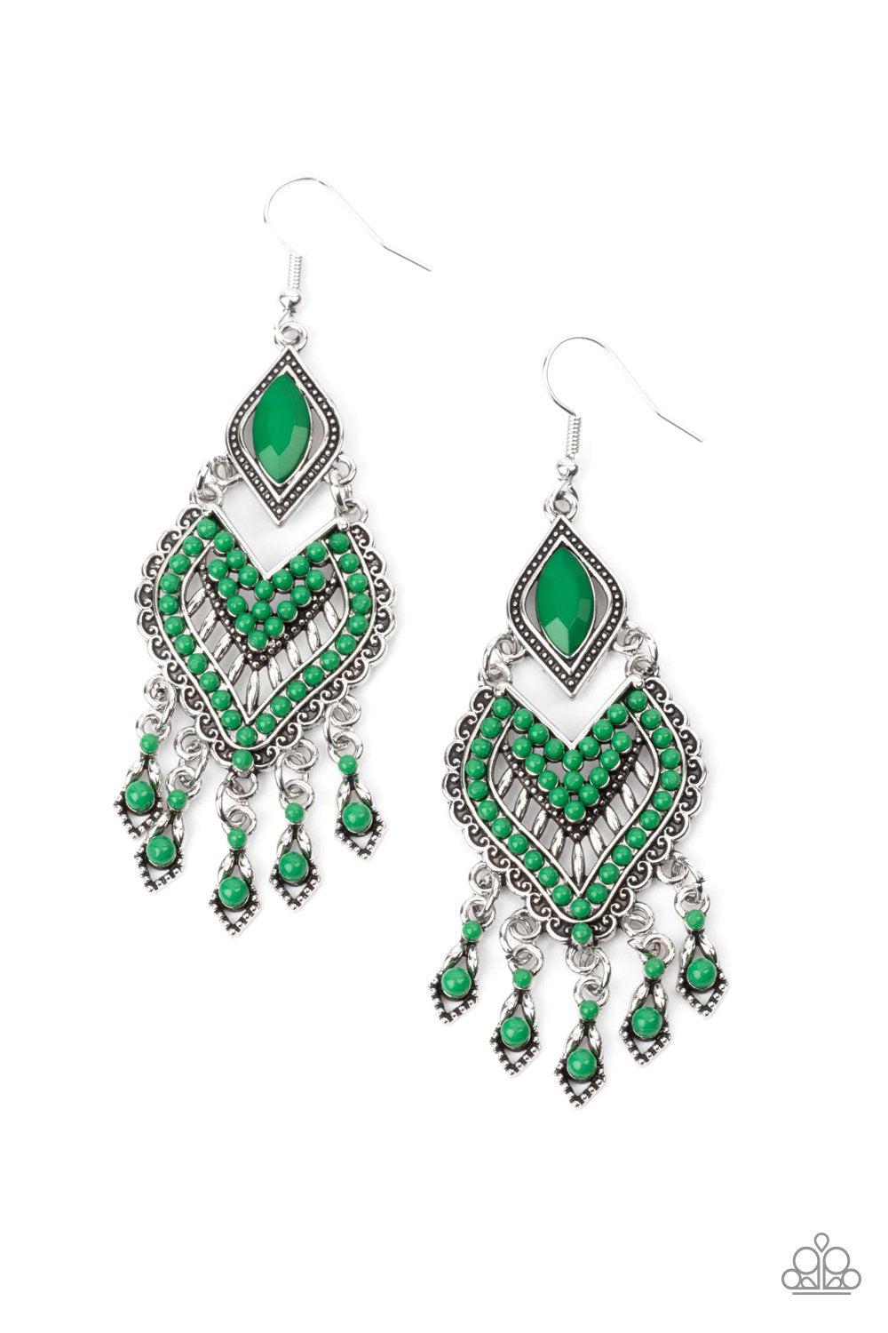 Dearly Debonair Green and Silver Earrings - Paparazzi Accessories 2021 Convention Exclusive- lightbox - CarasShop.com - $5 Jewelry by Cara Jewels