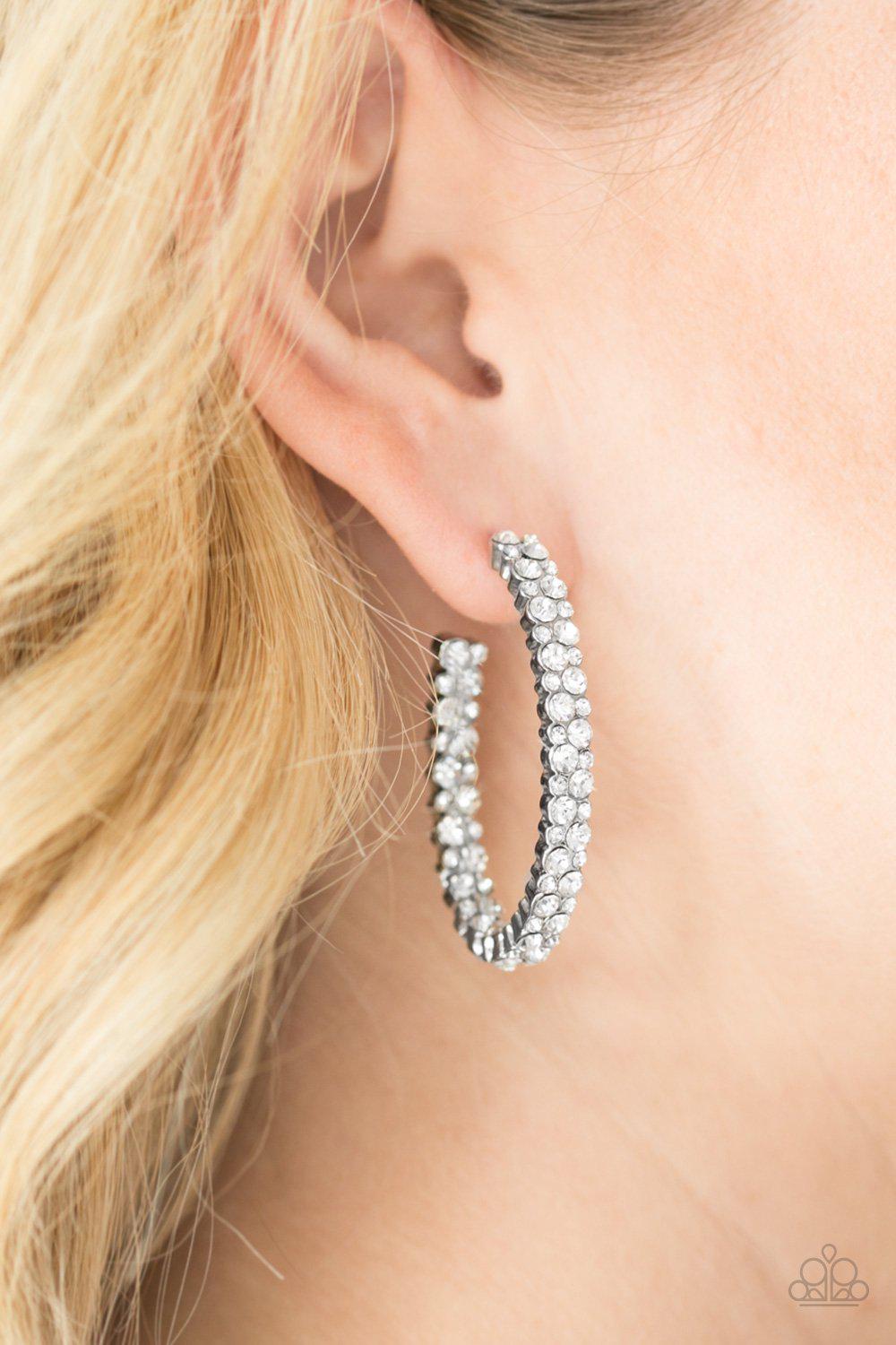Debonaire Dazzle White Rhinestone Hoop Earrings - Paparazzi Accessories-CarasShop.com - $5 Jewelry by Cara Jewels