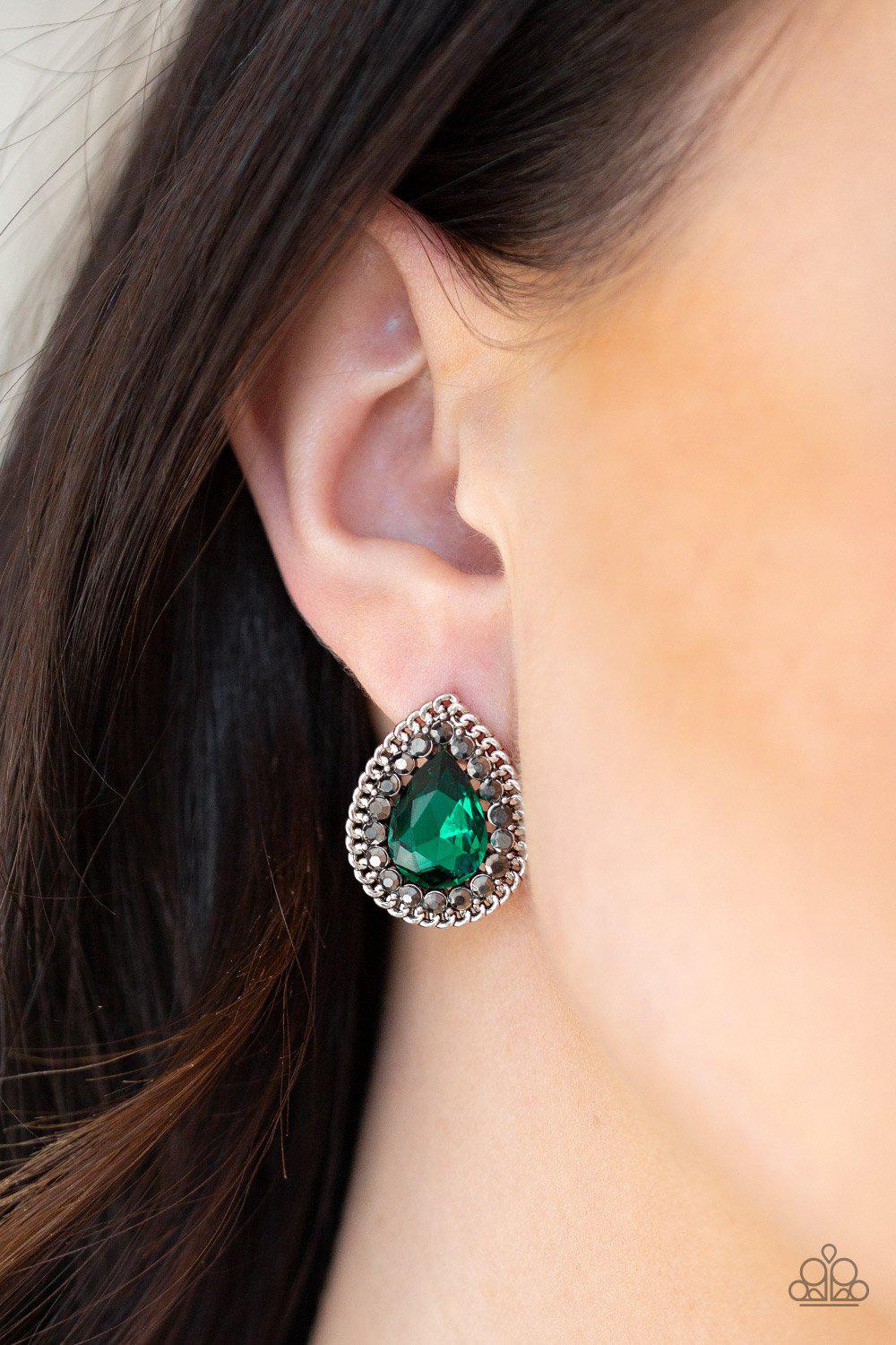 Debutante Debut Emerald Green Teardrop Post Earrings - Paparazzi Accessories - model -CarasShop.com - $5 Jewelry by Cara Jewels